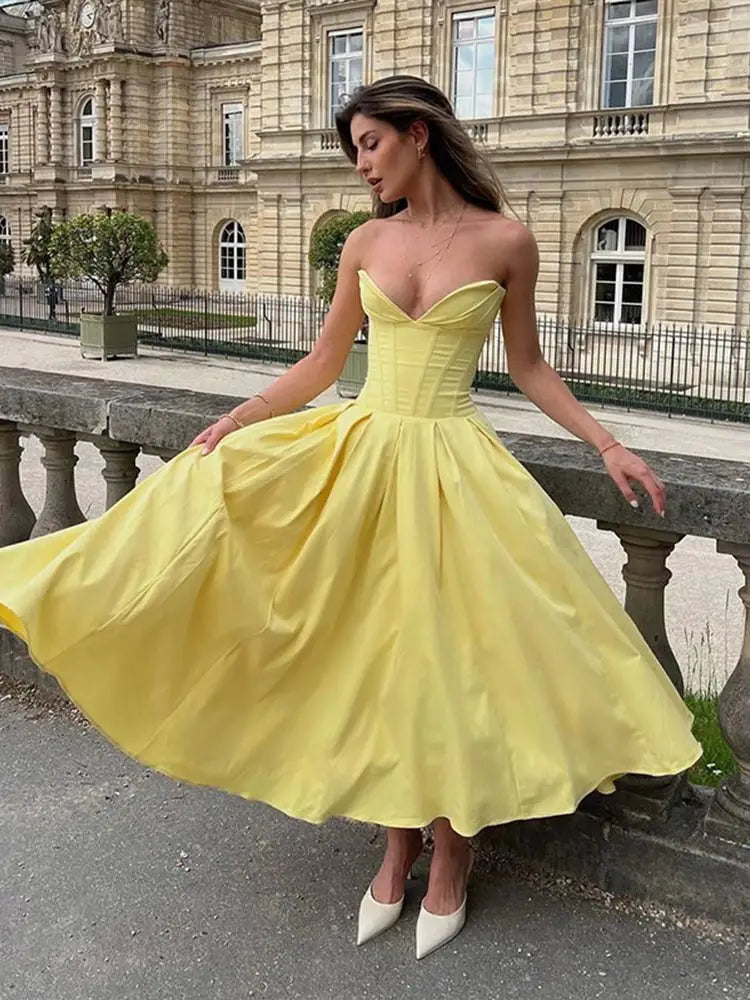 Elegant Yellow A Line Sweetheart Corset Satin Long Prom Dress Evening Dress SH1908