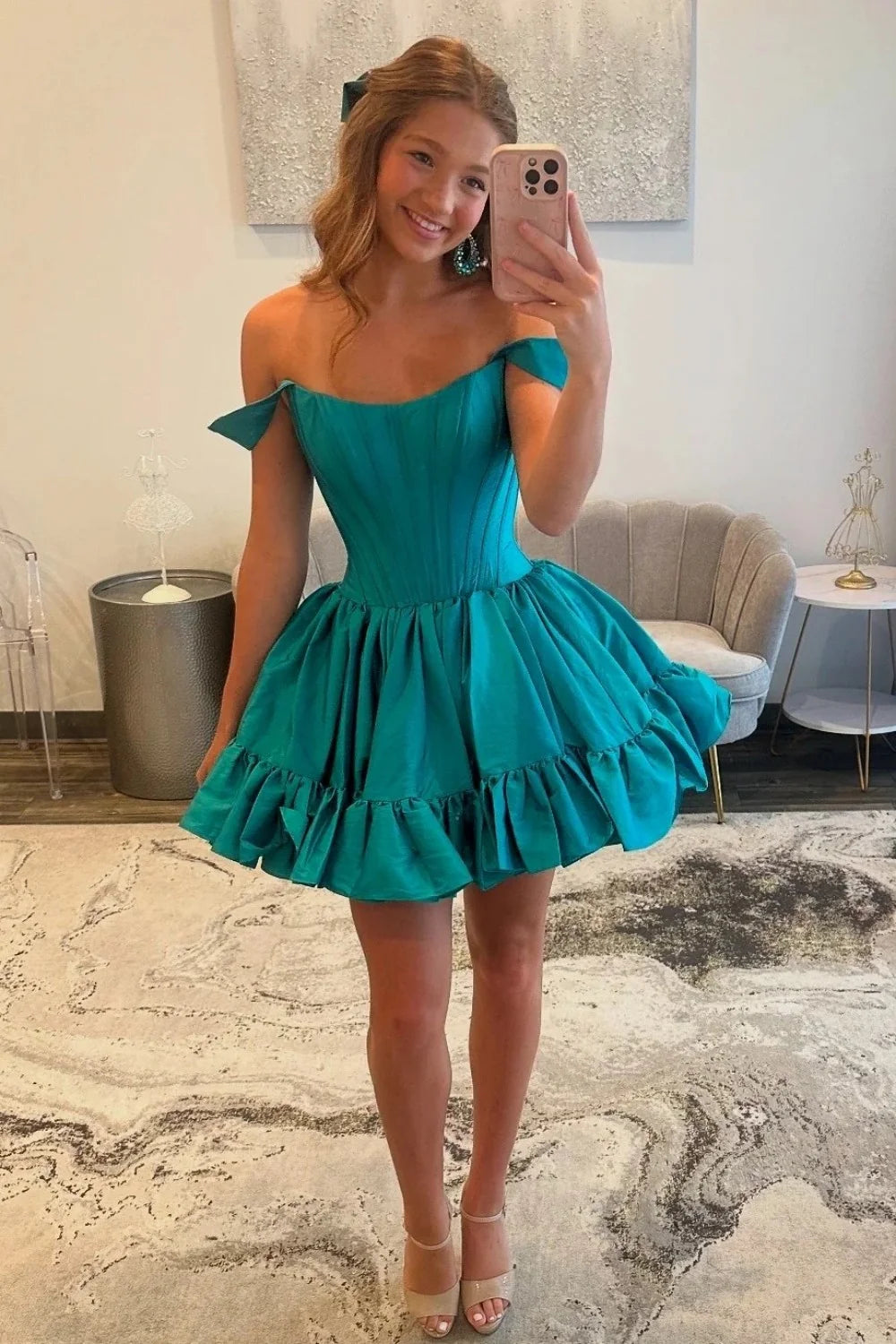 Sweety A Line Off the Shoulder Green Corset Homecoming Dress with Ruched SH7945