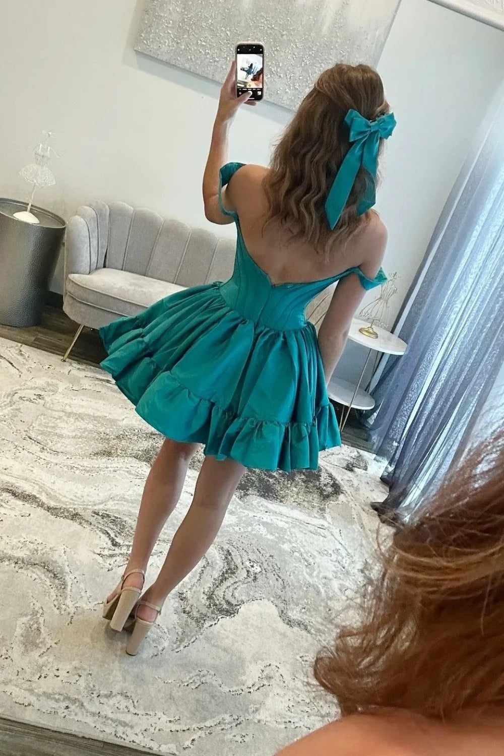 Sweety A Line Off the Shoulder Green Corset Homecoming Dress with Ruched SH7945