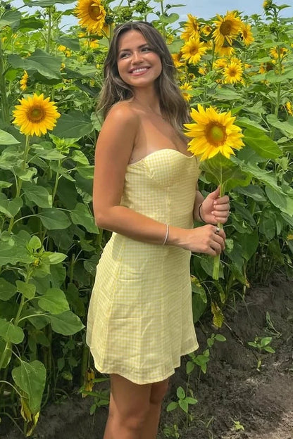Simple A Line Strapless Yellow Plaid Short Mini Dress SH7877