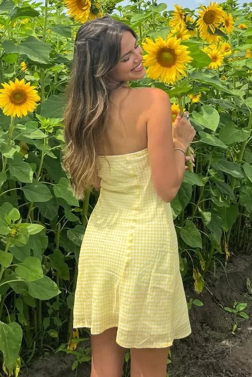 Simple A Line Strapless Yellow Plaid Short Mini Dress SH7877