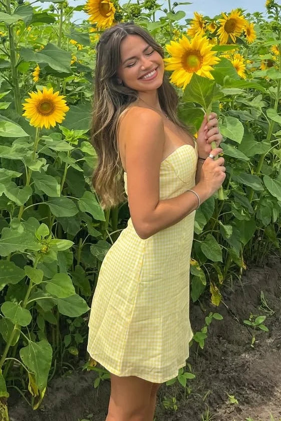Simple A Line Strapless Yellow Plaid Short Mini Dress SH7877