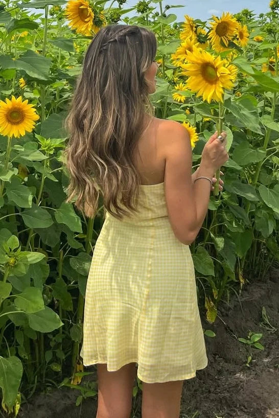 Simple A Line Strapless Yellow Plaid Short Mini Dress SH7877