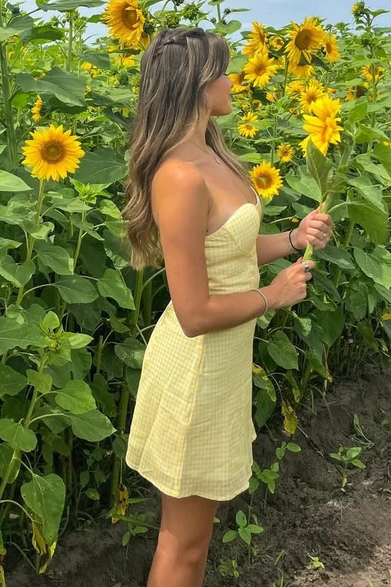 Simple A Line Strapless Yellow Plaid Short Mini Dress SH7877