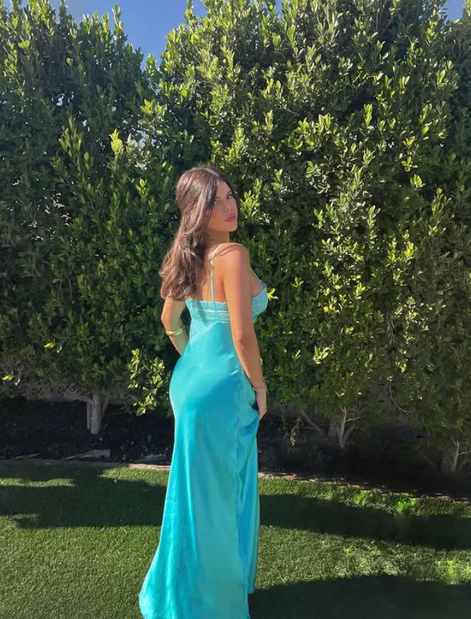 Simple Lake Blue A Line Spaghetti Strap Lace Satin Prom Dress SH6476