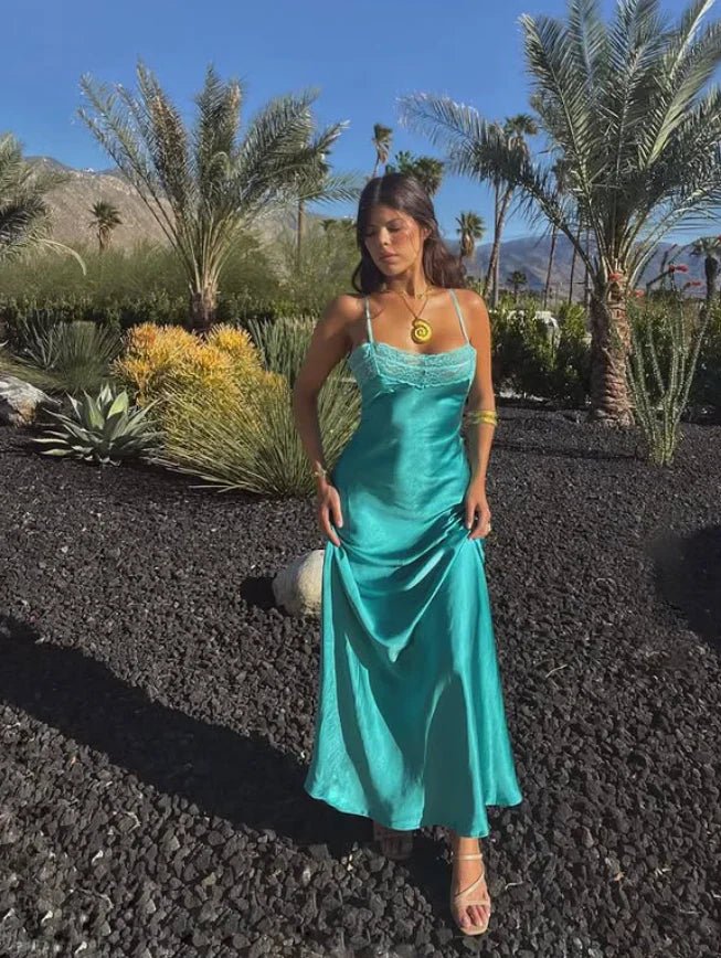 Simple Lake Blue A Line Spaghetti Strap Lace Satin Prom Dress SH6476