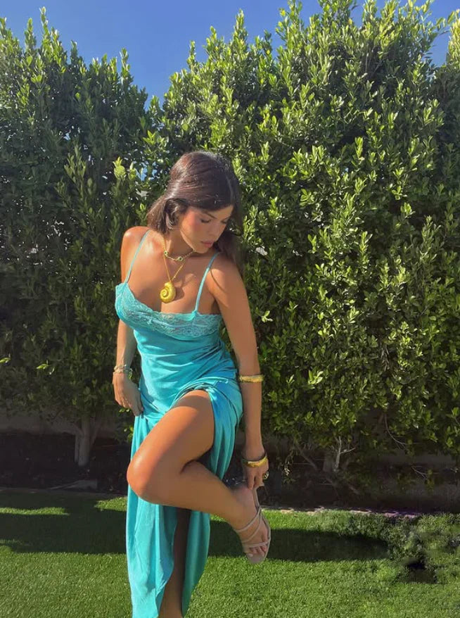 Simple Lake Blue A Line Spaghetti Strap Lace Satin Prom Dress SH6476