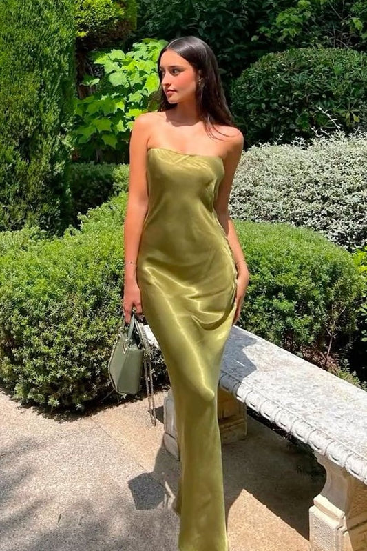 Simple Sheath Strapless Green Long Prom Dress SH8177