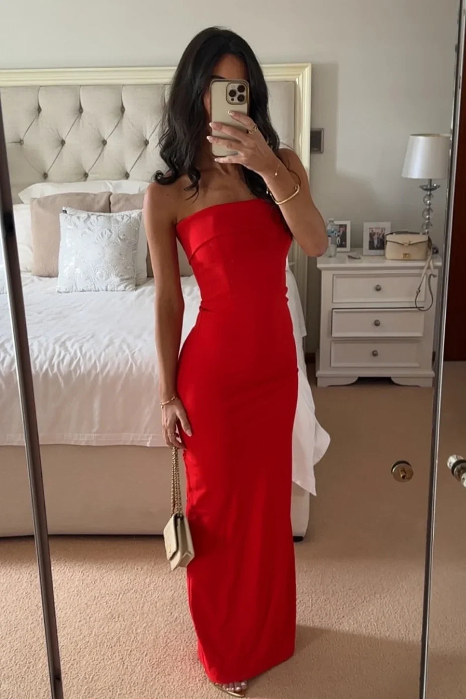 Simple Sheath Strapless Red Long Party Dress with Slit Back SH7786