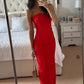 Simple Sheath Strapless Red Long Party Dress with Slit Back SH7786