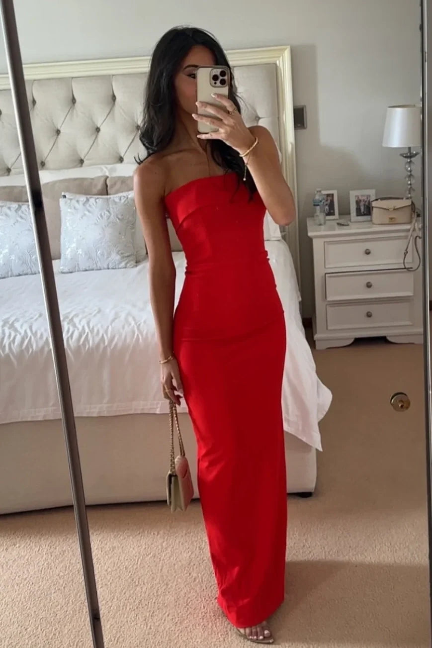 Simple Sheath Strapless Red Long Party Dress with Slit Back SH7786