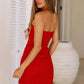 Simple Sheath Strapless Red Satin Short Homecoming Dress with Slit SH7920