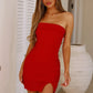 Simple Sheath Strapless Red Satin Short Homecoming Dress with Slit SH7920