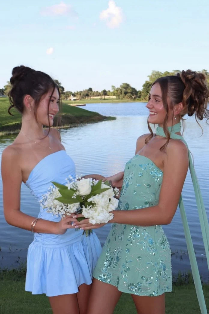 Simple Sheath Strapless Light Blue Short Homecoming Dress with Ruffles SH7849