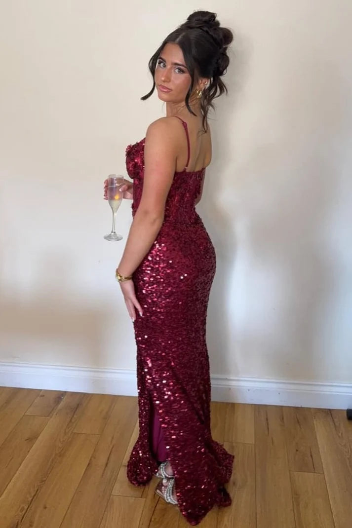 Shiny Burgundy Sheath Spaghetti Strap Sequin Long Prom Dress SH8223