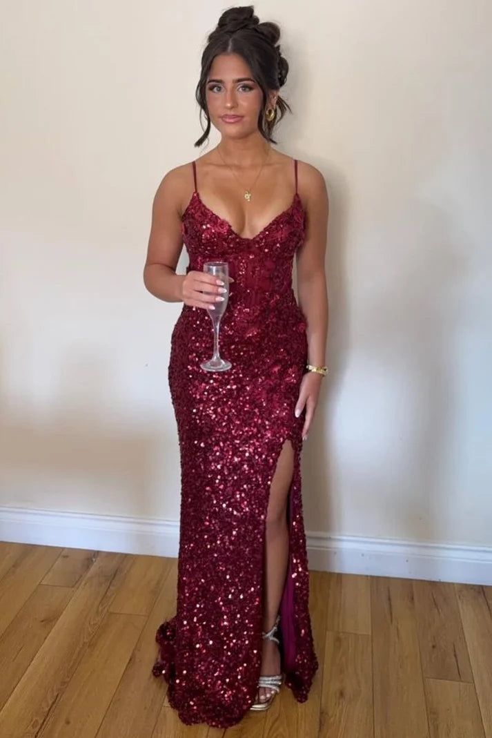 Shiny Burgundy Sheath Spaghetti Strap Sequin Long Prom Dress SH8223