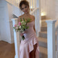 High-class A Line Spaghetti Strap Ruffle Satin Prom Dress Evening Dress with Slit SH6213