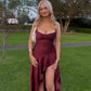 High-class A Line Spaghetti Strap Ruffle Satin Prom Dress Evening Dress with Slit SH6213