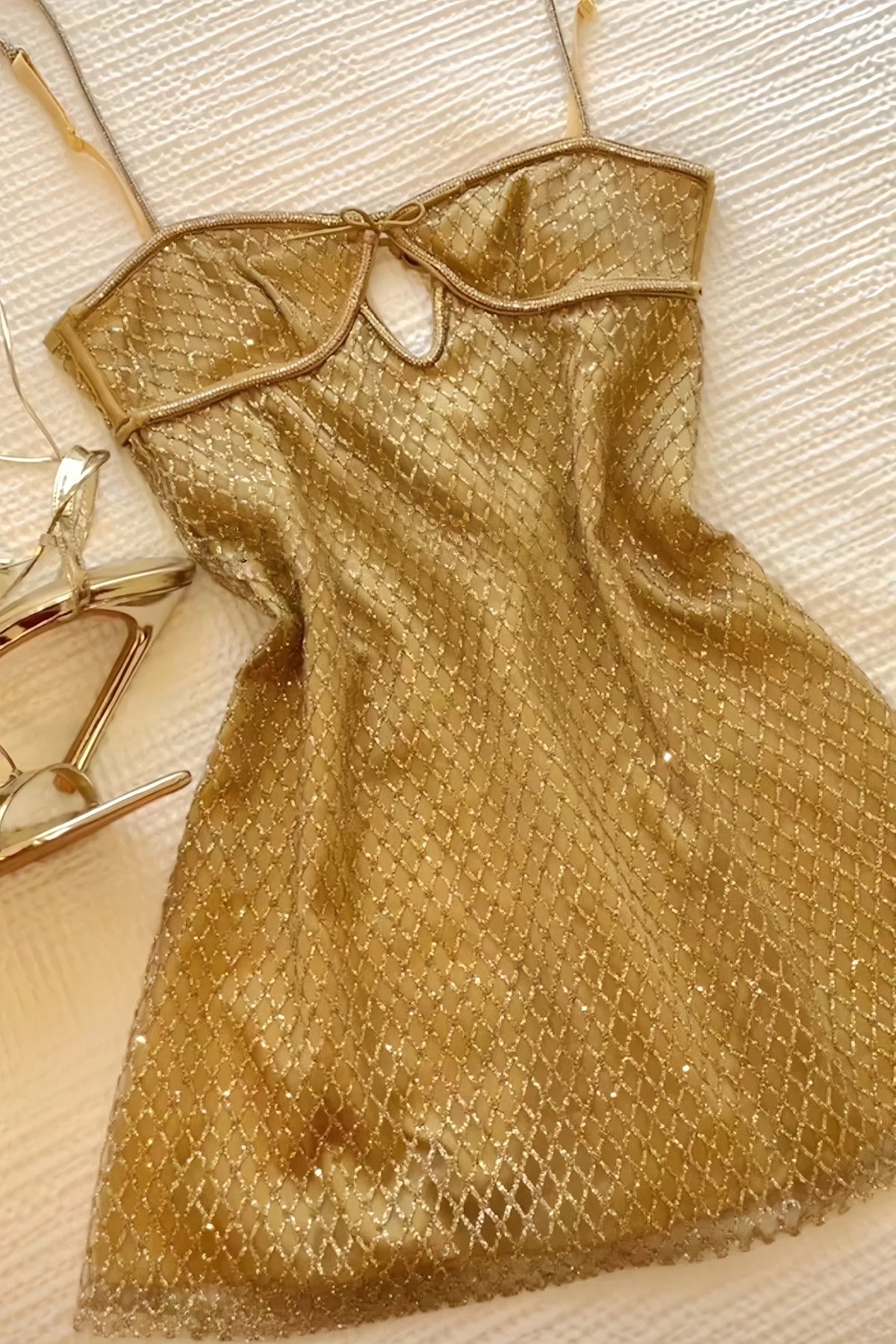 Sparkly A Line Spaghetti Straps Gold Sequins Short Homecoming Dress with Keyhole SH7474