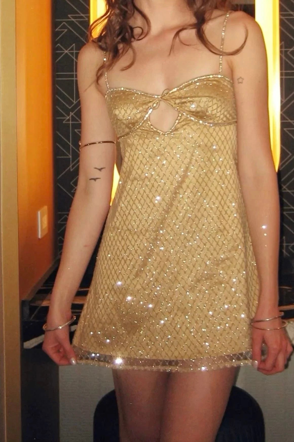 Sparkly A Line Spaghetti Straps Gold Sequins Short Homecoming Dress with Keyhole SH7474