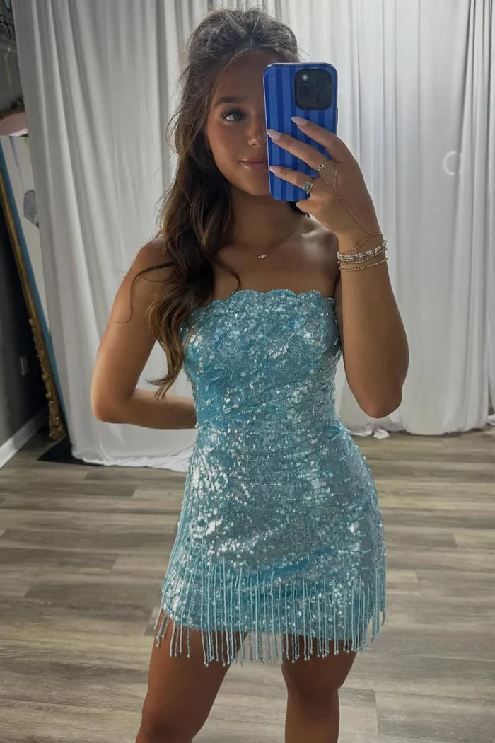 Blue Strapless Sequined Sleeveless Mini Homecoming Dress with Tassel SH8230