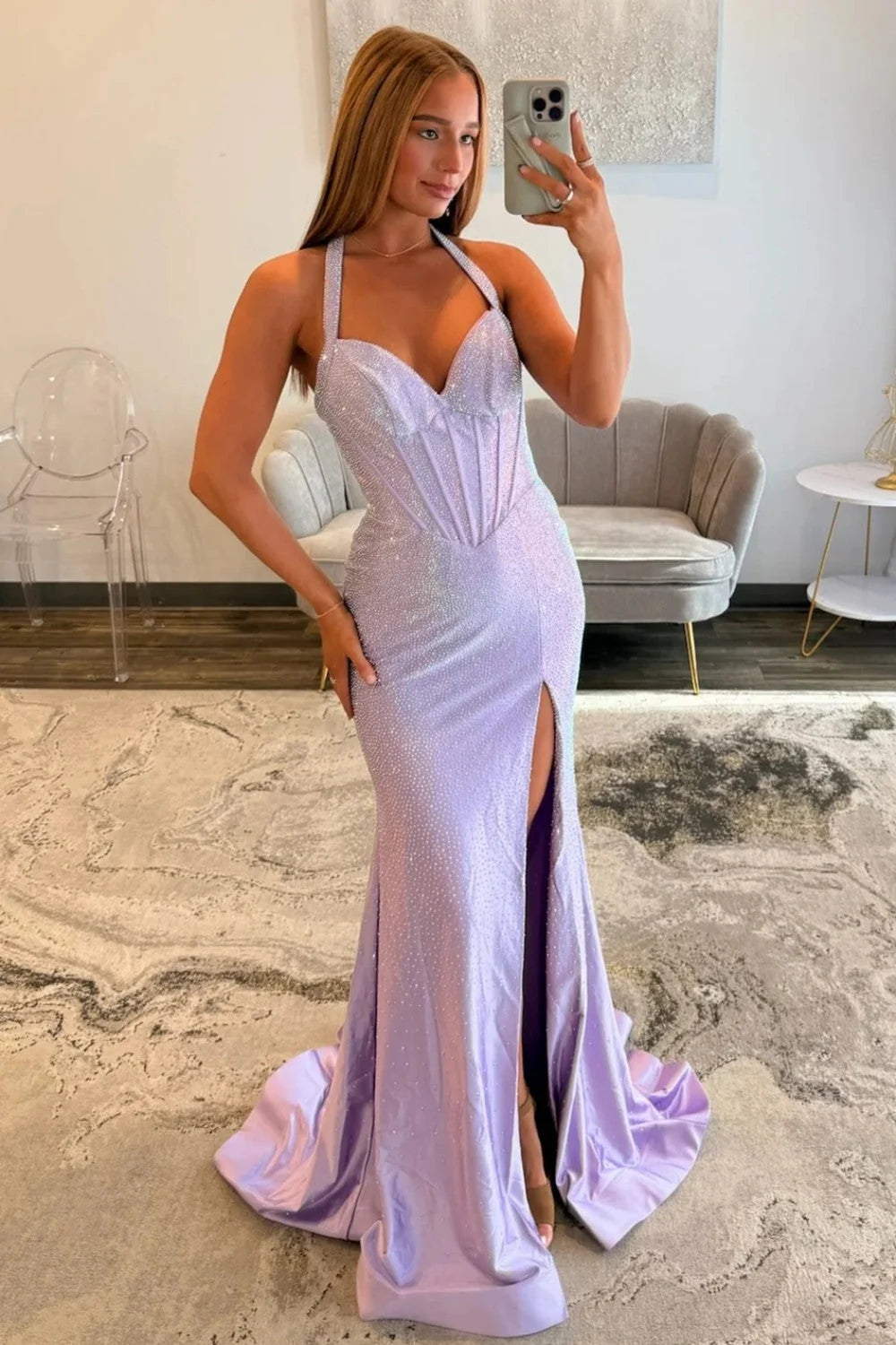 Shine Mermaid Halter Neck Lilac Corset Prom Dress with Beading SH8138