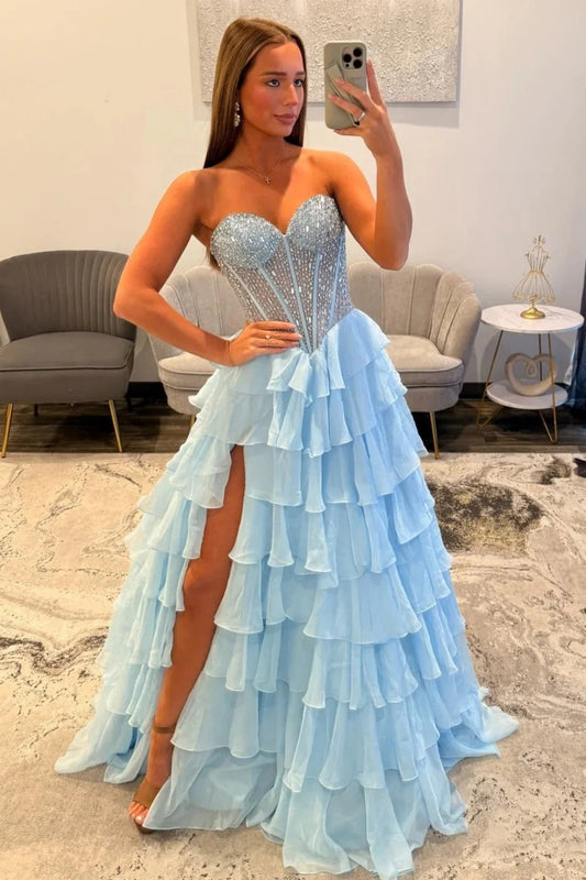 Princess A Line Sweetheart Light Blue Corset Prom Dress with Beading Ruffles SH8140