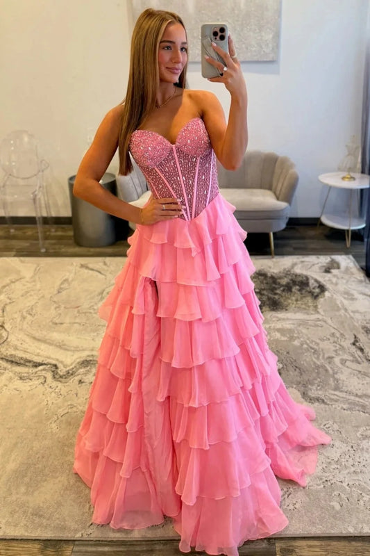 Princess A Line Sweetheart Pink Corset Prom Dress with Beading Ruffles SH8141