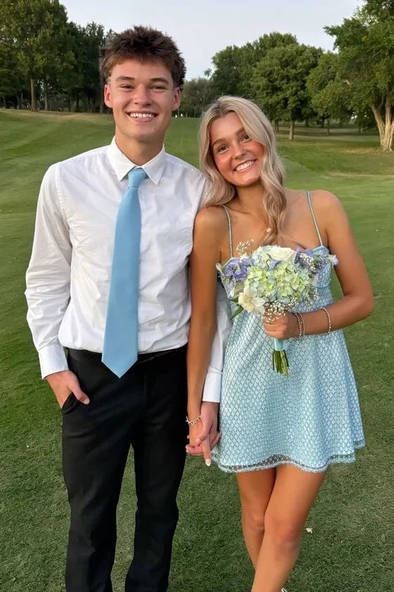Sparkly A Line Spaghetti Straps Light Blue Sequins Short Homecoming Dress with Keyhole SH7475