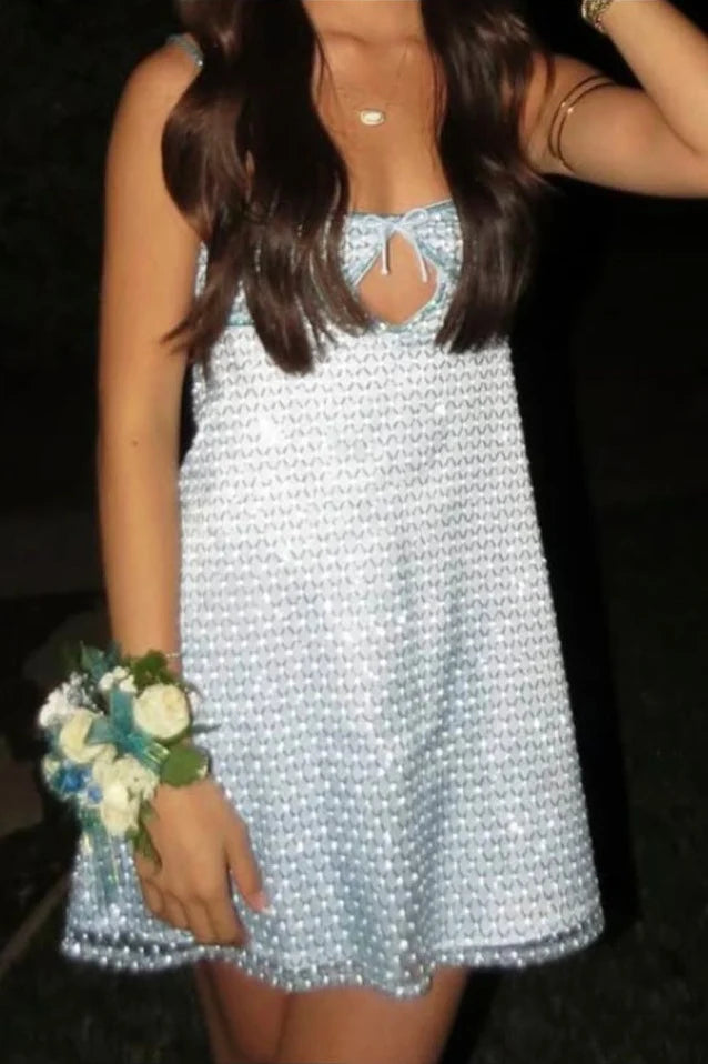 Sparkly A Line Spaghetti Straps Light Blue Sequins Short Homecoming Dress with Keyhole SH7475
