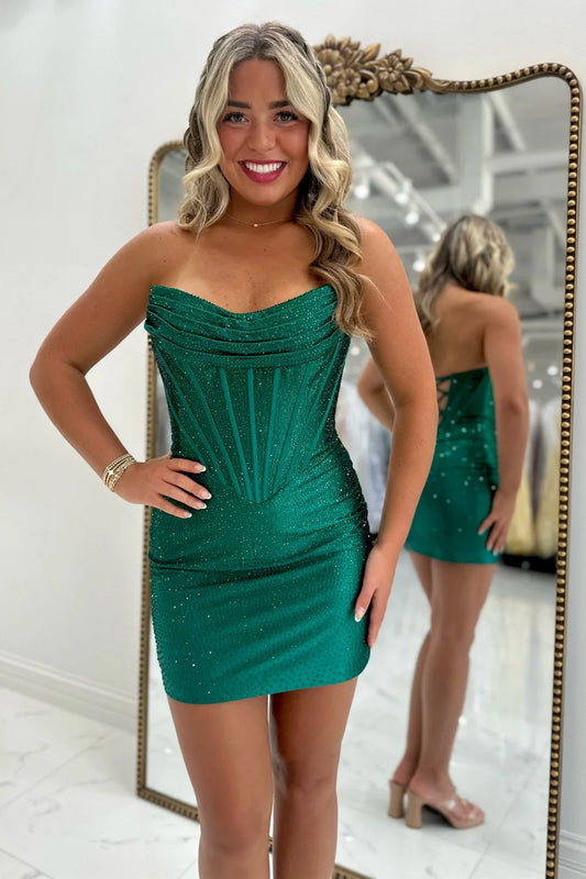 Sparkly Emerald Green Strapless Mini Homecoming Dress with Corset Bodice SH7897