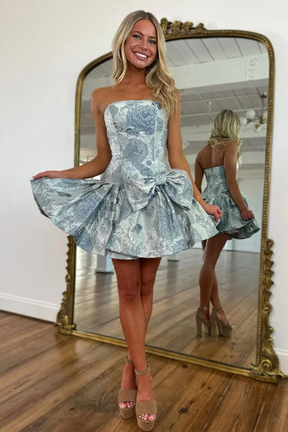 Stylish A Line Strapless Grey Blue Printed Short Homecoming Dress with Bowknot SH7521