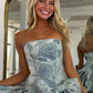 Stylish A Line Strapless Grey Blue Printed Short Homecoming Dress with Bowknot SH7521