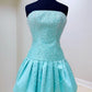 Strapless Aqua Blue Pearl Homecoming Dress with Beaded Bodice and Bubble Skirt SH7875