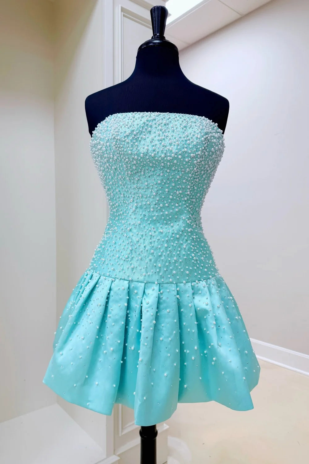 Strapless Aqua Blue Pearl Homecoming Dress with Beaded Bodice and Bubble Skirt SH7875