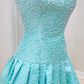 Strapless Aqua Blue Pearl Homecoming Dress with Beaded Bodice and Bubble Skirt SH7875
