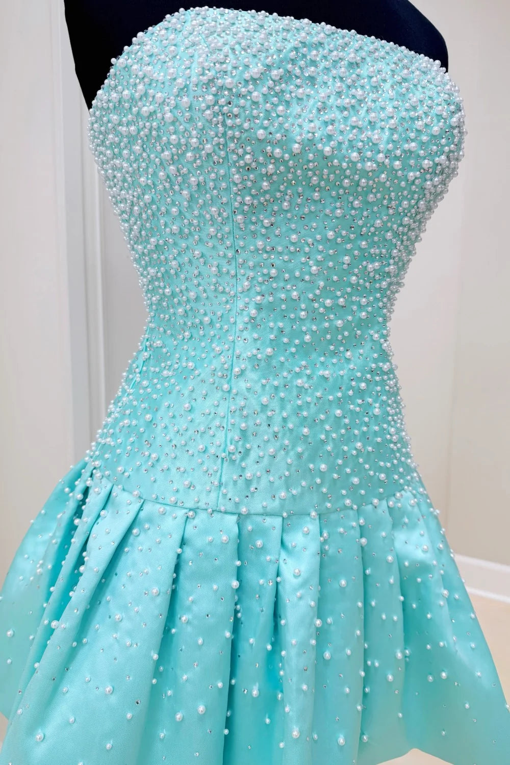 Strapless Aqua Blue Pearl Homecoming Dress with Beaded Bodice and Bubble Skirt SH7875