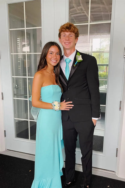 Unique Sheath Strapless Ruffle Aqua Satin Prom Dress Evening Dress with Slit SH6214