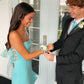 Unique Sheath Strapless Ruffle Aqua Satin Prom Dress Evening Dress with Slit SH6214
