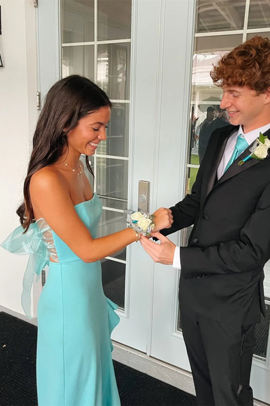 Unique Sheath Strapless Ruffle Aqua Satin Prom Dress Evening Dress with Slit SH6214