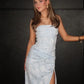 Strapless Blue Jacquard Long Prom Dress with Slit SH6205