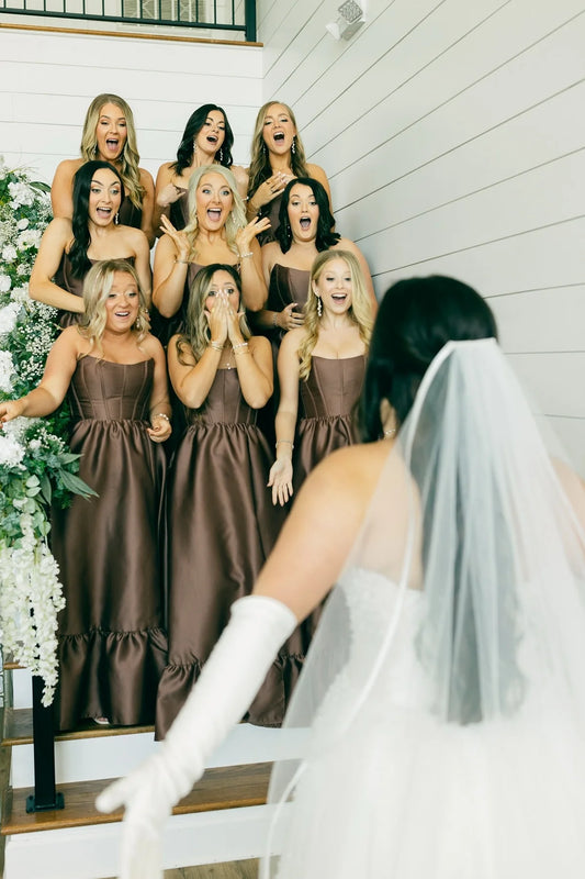 Strapless Brown Ruffle Bridesmaid Dress with Slit SH6567