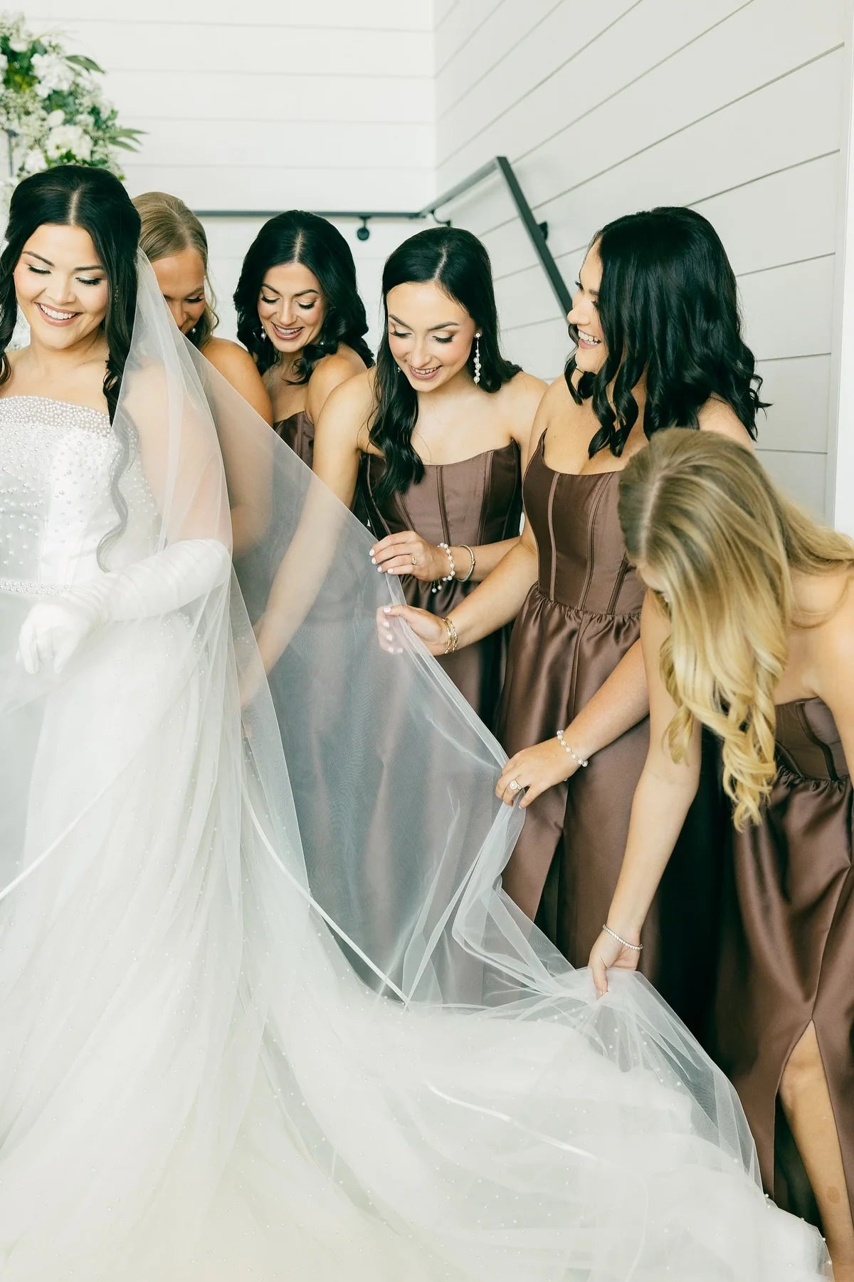 Strapless Brown Ruffle Bridesmaid Dress with Slit SH6567