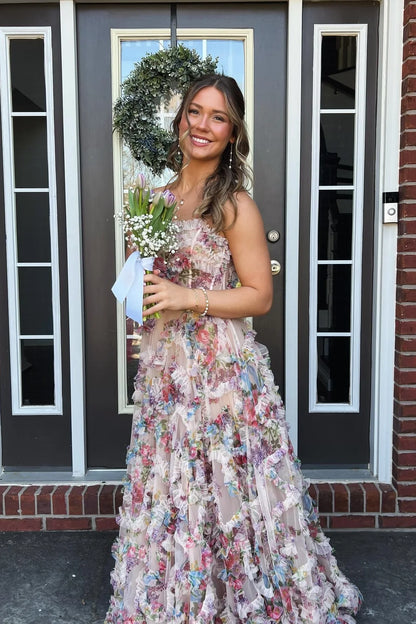 Pretty A Line Strapless Print Floral Ruffle Tulle Prom Dress Evening Dress SH6206
