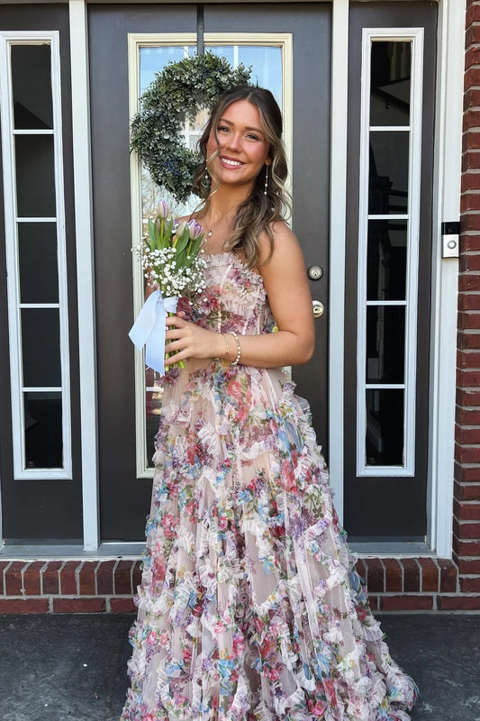 Pretty A Line Strapless Print Floral Ruffle Tulle Prom Dress Evening Dress SH6206