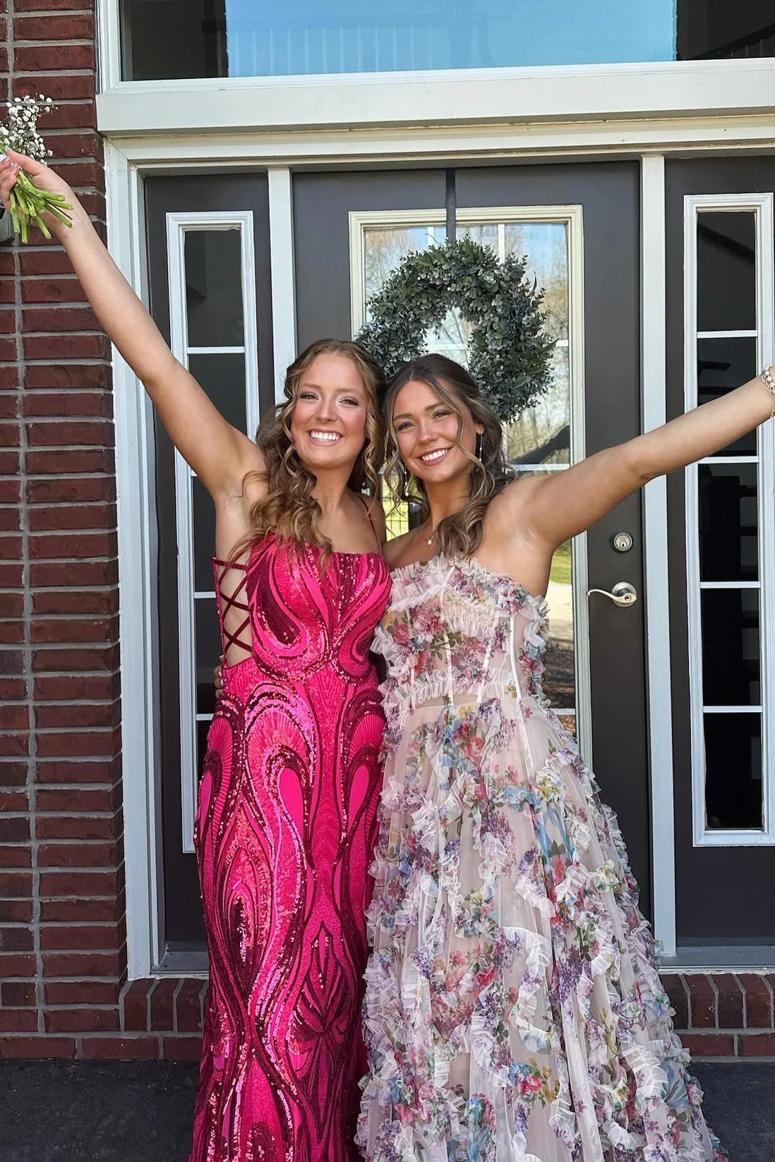 Pretty A Line Strapless Print Floral Ruffle Tulle Prom Dress Evening Dress SH6206