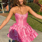 Pink A Line Strapless Beaded Corset Bow Satin Short Homecoming Dress Outfits SH6239