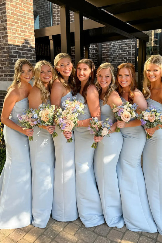 Strapless Ice Blue Pleated Mermaid Bridesmaid Dress SH6568