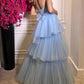 A Line Strapless Layered Light Blue Tulle Long Prom Dresses SH1657