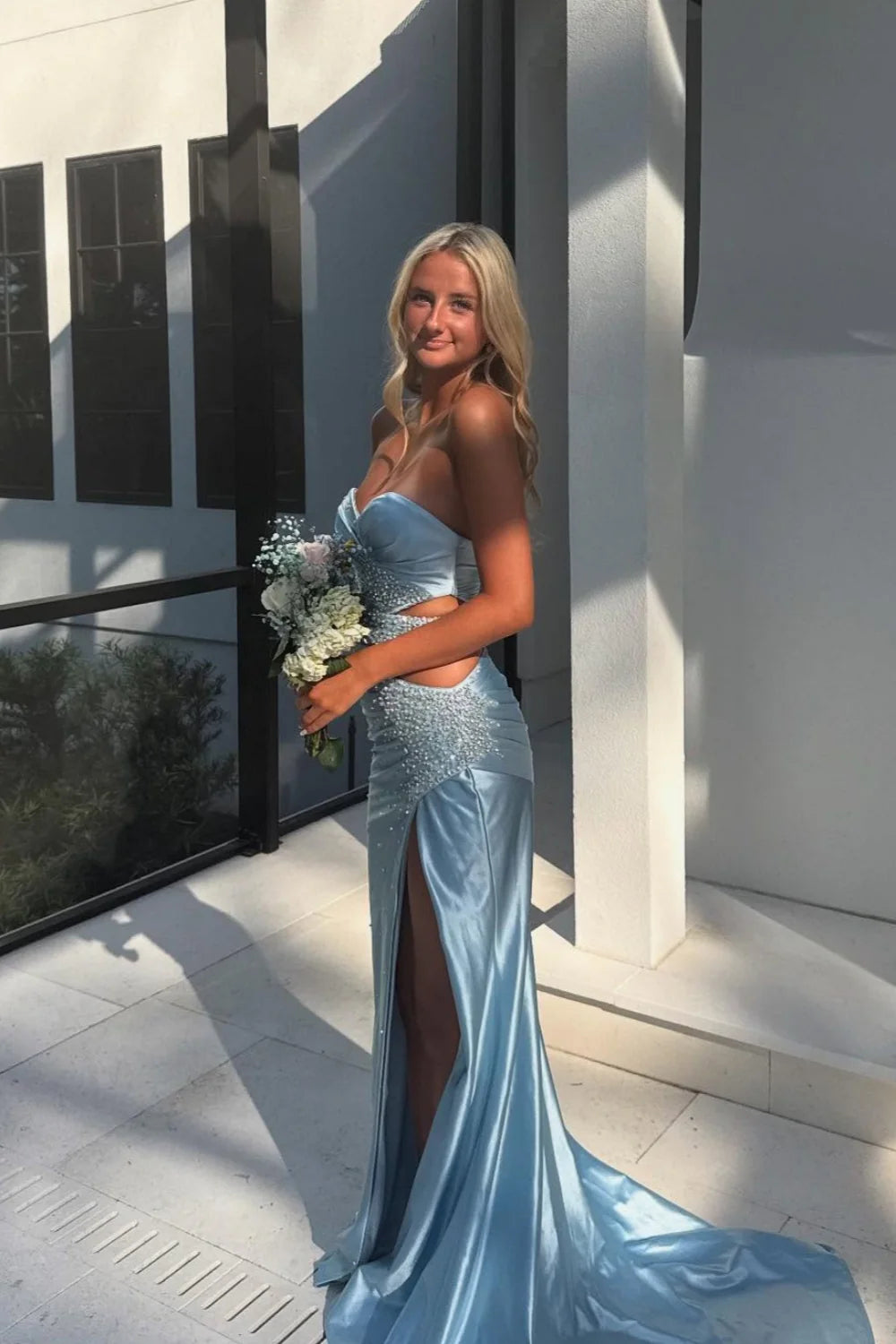 Charming Mermaid Sweetheart Neck Shiny Beaded Satin Prom Dress Evening Dress SH6210